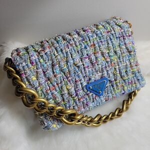 Blue Multicolor Tweed Chain Shoulder Bag